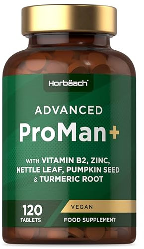 ProstaMan+ Supplement for Men | Complex Formula with Pumpkin Seed, Nettle Leaf, Vitamin B2, Zinc and Turmeric Root | 120 Vegan Tablets | by Horbaach