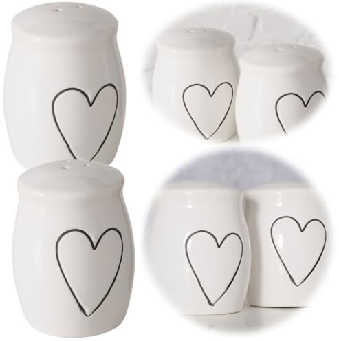 LS-LebenStil 2-fach Keramik Salzstreuer Pfefferstreuer Set - Herzen im Set- 8cm Weiß Schwarz - Salt & Pepper - Geschenk zur Hochzeit Einzug Einweihung Tischset Salz und Pfeffer