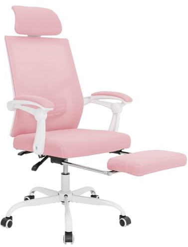 UEV Kontorsstol ergonomisk, snurrstol, skrivbordsstol med justerbart nackstöd ländryggsstöd fotstöd, justerbar höjd lutbar, upp till 136 kg, ventilerande tyg, rosa