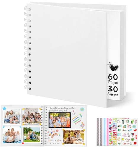 DazSpirit Fotoalbum zum Selbstgestalten, 8-inch Fotobuch zum Einkleben, Quadratisches Hardcover-Scrapbook und Gästebuch Geburtstag für Abschluss, Hochzeit, Babys, mit 5 Aufkleber, 60 Seiten, Weiß