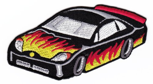 Rennauto Schwarz Aufnäher zum aufbügeln oder aufnähen Bügelbild Aufbügler für Kleidung gestickter Bügelflicken Applikation Sportwagen Auto Rennwagen Flammen Patch Größe 10 x 5,5 cm