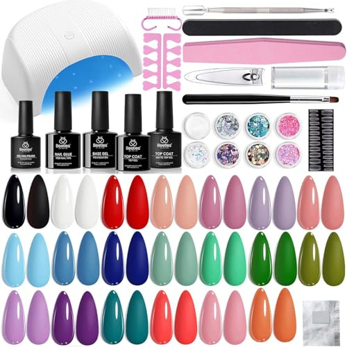Beetles Gel Nägel Set zum Selber Machen, 20 farben Gel Polish Set mit Basis-und Matt & Glanz Top Coat mittel Nageltips Pailletten Rosa Lila Blau Grün Rot Silber Zubehör Nagellack Geschenke für Frauen