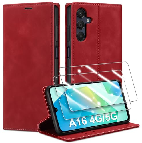 Guisessy für Samsung Galaxy A16 5G/4G Hülle mit 2 Schutzfolie, Rot | Premium Leder Handyhülle, Magnet, Kartenfach, Standfunktion, Klappbar Flip Wallet Schutzhülle