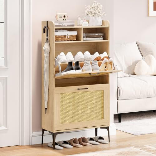 Dripex Schuhschrank schmal, Schuhkipper mit Rattan-Dekor, 2 Flip-Schubladen,Schuhregal schmal mit Metallfüßen, verstellbaren Fächern für den Eingang, Flur und Wohnzimmer, 60x24x114cm | chuhkipper mit Rattan-Dekor, 2 Flip-Schubladen,Schuhregal schmal mit Metallfüßen, verstellbaren Fächern für den Eingang