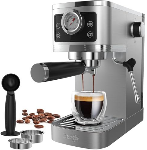 iceagle Macchina da Caffè Espresso CM1660B Manuale e Cappuccino - 20 Bar Caffettiera con Pompa Italiana | Espresso Maker 1350W, Acciaio Inox, Montalatte, Piano Scaldatazze, Serbatoio Estraibile 1,3L