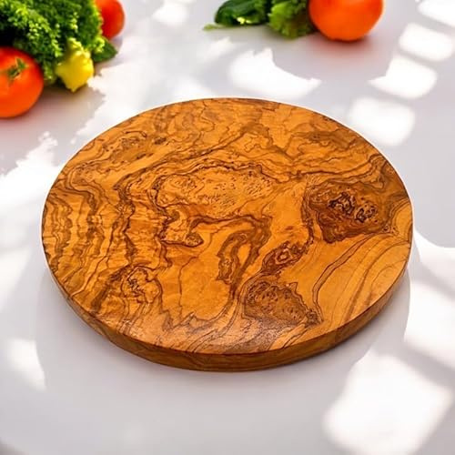 Round Olive Wood Serving Board – 12” Large Wooden Cheese and Charcuterie Board, Handcrafted Cutting Board for Food Presentation, Durable and Stylish Kitchen Essential (Size 1 (20cm x 20cm))
