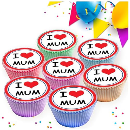 24 x HAPPY MOTHERS DAY I HEART LOVE MUM EDIBLE ICING 4.5 cms CUPCAKE TOPPERS DECORATIONS V5-24