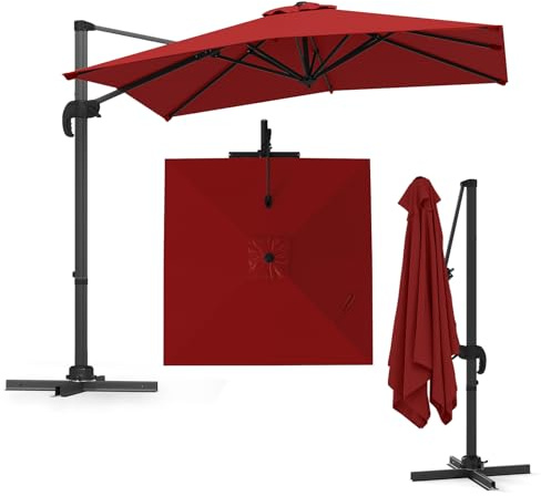 RELAX4LIFE Sonnenschirm rechteckig 250 x 250 cm, Ampelschirm mit Kurbel & Ständer, Gartenschirm UV-Schutz, Terrassenschirm 360° drehbar, Marktschirm neigbar für Garten, Pool, Terrasse (Rot)