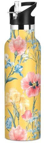 Botella de agua reutilizable con diseño de tulipanes florales amarillos, a prueba de fugas, sin BPA, aislada con tapa de popote, doble pared aislada al vacío para viajes, camping, bicicleta
