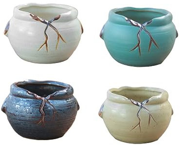 TOYANDONA Vasi per Piante Grasse in Ceramica, 4 Pezzi, Bocca Piatta, Motivo Craquelé Vintage, per Giardino e Cucina Stili multipli