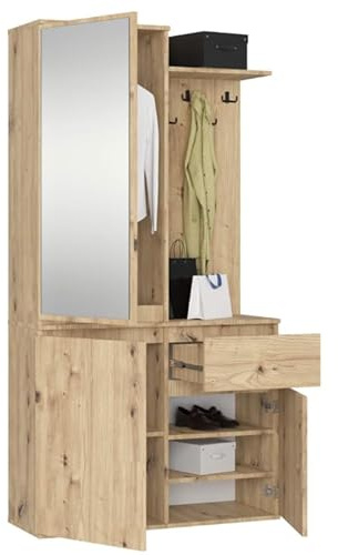 BDW ENTRO Flurgarderobe-Set mit Spiegelschrank, 95 x 183 x 35 cm, Schuhablage, Kleiderhaken, Saal, (Eiche Artisan)