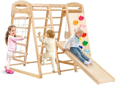 VEVOR Aire de Jeux Intérieure 7-en-1, 147x120x144 cm, avec Échelle en Bois et Corde, Échelle en Filet, Balançoire, Barre de Singe, Toboggan et Mur d'Escalade, Structure de Multi-jeux pour Enfants