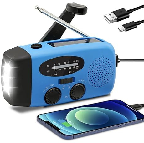 Radio Solar de Emergencia con Palanca – Linterna con 3 potentes Luces LED, Alarma SOS, Carga: USB, Manivela y Energía Solar | Am/FM | Batería Recargable de 2000 mAh | Sin Pilas (Azul)
