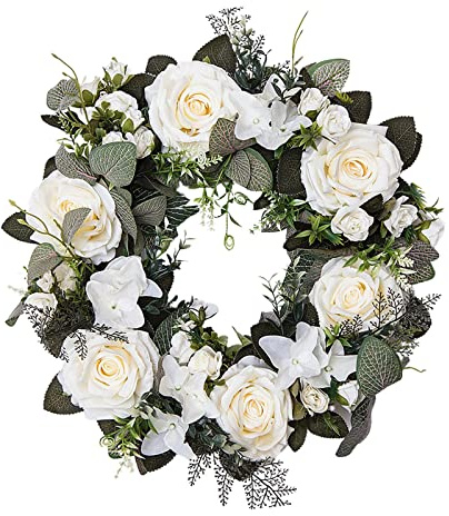 predolo 45 cm Künstlicher Blumenkranz für die Tür, Künstliche Rose Kranz für Haustür, Realistischer Blumen Türkranz Seidenblume Saisonale Kränze - Schöne Dekoration für Hochzeiten und Feste, Weiß
