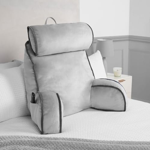 OHS Reading Pillow with Head Rest, Piped Edge Detachable Neck Roll Cuddle Cushion for Adults Kids High Back Support Cushion with Arms & Pocket Gaming Cushions for Boys Girls Sit Up in Bed Pillow, Grey