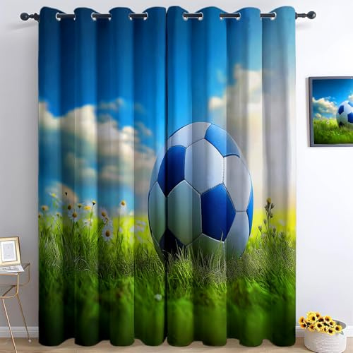 Vert Rideau Isolant Thermique Photographie Ciel Bleu Nuages Herbe Football Rideaux Occultant a Oeillet Lot de 2, pour Salon et Chambre et Cuisine Décoration de la Maison Rideaux - L 117 X H 229 cm