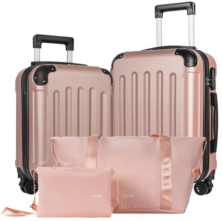 YONSLY Reisekoffer Set 4-teilig, Trolley Kofferset mit 1 Reisetasche, 1 Kulturbeutel, Rollkoffer Handgepäck mit 4 Rollen, Hartschalen, Größe M mit Zahlenschloss, Gummigriff (S, M, Roségold)