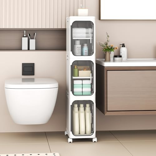 YVVVVY 20cm Bathroom Storage Cabinet, Waterproof Small Tolilet Unit | with Wheels and Removable Shelves, Freestanding Narrow Storage Floor Shelf for Small Space, Kitchen,Living Room