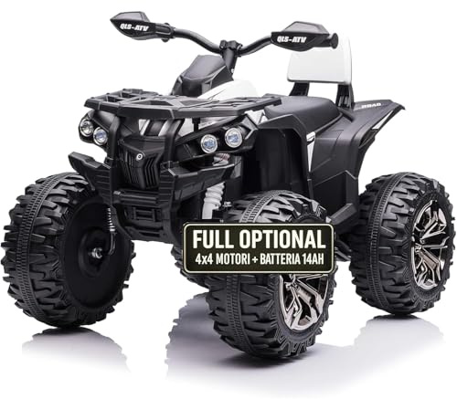 TOYSCAR Super Quad Elettrico per Bambini 12V ATV off-Road 4 x 4 Motori 12v Full Optional Batteria Potenziata 14AH Sospensioni (Bianco)