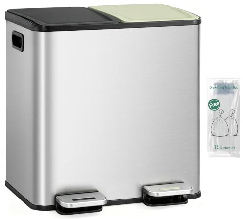 Hzuaneri Kitchen Bin, 30L(2 × 15L) Double Pedal Bin for Recycling and Waste | Colored Soft-Close Lid, Stainless Steel Bins with Removable Inner Buckets, Includes 15 Trash Bags, Silver SW03099E