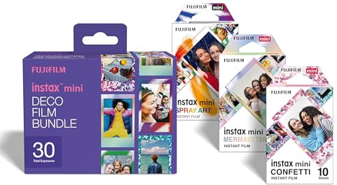 instax Mini Deco Film Bundle, 30 Films Comprenant 1 Pack de 10 Films de Chaque Produits avec Bordure Confetti, Mermaind Tail et Spray Art