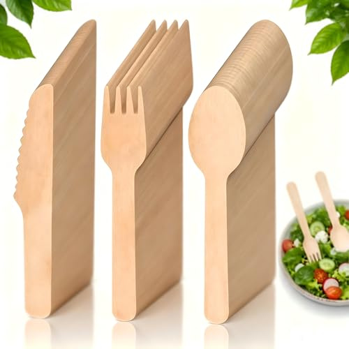 300pcs Cubiertos de Madera Biodegradables,Cubiertos Desechables 100 Cuchillos, 100 Tenedores, 100 Cucharas para Fiestas, Campamentos, Bodas y Cumpleaños