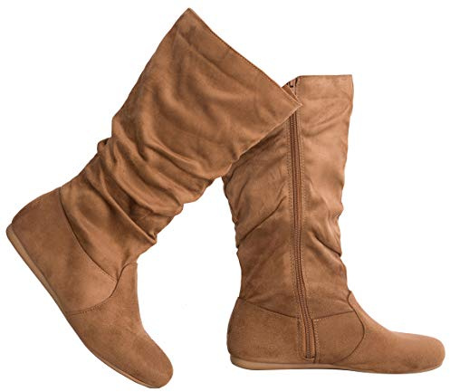 Olivia K Womens Low Heel Mid-Calf Slouchy Suede Slip On Casual Boots with Side Zipper