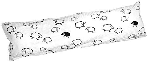 Seersucker Seitenschläferkissen Bezug 40x145cm Schafe Lämmer Weiß (S-99/2) | 100% Baumwolle, Kissenbezug, Kissenhülle, Schafe in Weiß und Schwarz, mit Reißverschluss auf der langen Seite