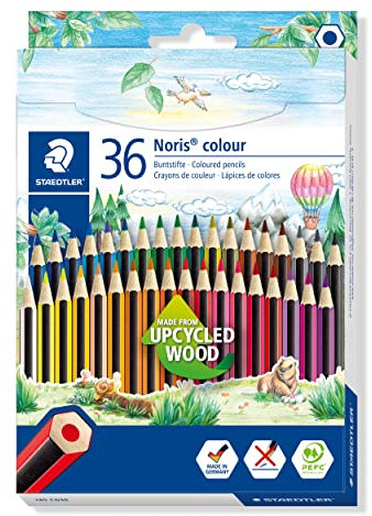 STAEDTLER Buntstifte Noris colour, rutschfeste Soft-Oberfläche, hohe Bruchfestigkeit, Made from Upcycled Wood, intensive Farben, Sechskantformat, 36 Farbstifte im Kartonetui, 185 CD36
