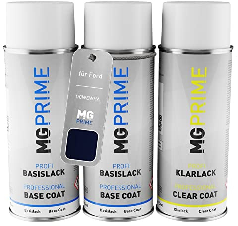 MG PRIME Autolack Spraydosen für Ford DCWEWHA / PN4B70 / 5L Deep Impac. +1K | Indic Blau / Deep Impact Blue Metallic, Set aus Grundlack + Basislack + Klarlack, Sprühdosen 400ml