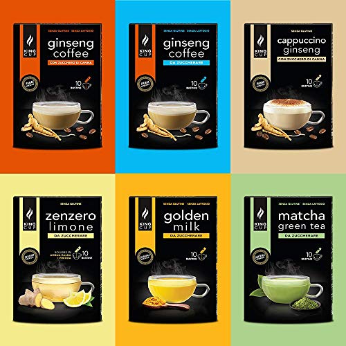King Cup - MultiBox di Bustine Solubili, 6 Confezioni Miste con 10 Stick l'una, 2x Caffè al Ginseng, 1x Matcha Green Tea, 1x Golden Milk, 1x Zenzero e Limone, 1x Cappuccino al Ginseng, 60 Bustine