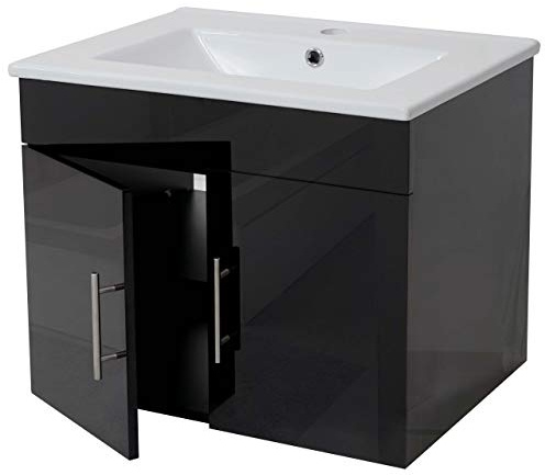 Mendler Waschbecken + Unterschrank HWC-D16, Waschbecken Waschtisch, FSC®-Zertifiziert, Hochglanz 60cm - schwarz