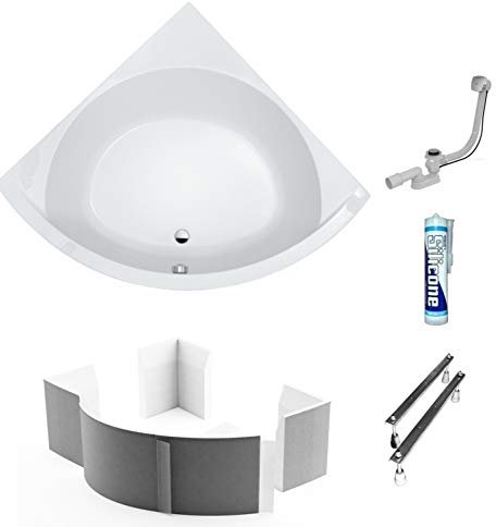 ECOLAM® Badewanne Eckwanne Prestige 150x150 cm Acryl weiß Wannenträger zum Verfliesen Ablaufgarnitur Ab- und Überlauf Automatik Füße Silikon große Liegefläche für Zwei
