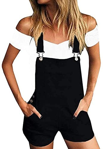 XINGENG Salopette Corta Donna Denim Pantaloncini in Jeans Elasticizzato Senza Maniche Tute con Tasche Cotone Ragazza Loose Monopezzi E Tutine Estive Tuta Sportiva Jumpsuit Eleganti (Nero, S)