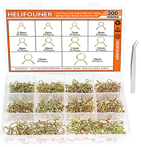 HELIFOUNER 300 Pieces 10 Sizes Fuel Line Hose Water Pipe Air Tubing Spring Clips Clamps Assortment Kit for Motorcycle Scooter, 5.5-14mm
