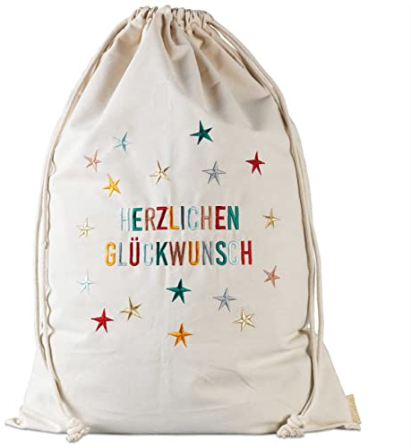Papierdrachen 1 Geschenksäckchen zum Geburtstag - Regenbogen - aus Baumwolle - wunderschön und hochwertig bestickt - ideal zum Verpacken von Geschenken - Größe 50x70 cm mit Zugband