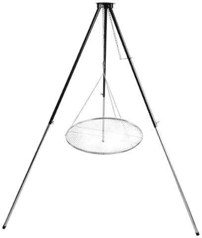 HeRo24 Dreibein Grillgestell mit chrome Grillrost Ø 60 cm, Holzkohle, Stabiles Grillgestell, Höhenverstellbare Füße und Grillrost, Für Außenbereich, Schwarz/Silber