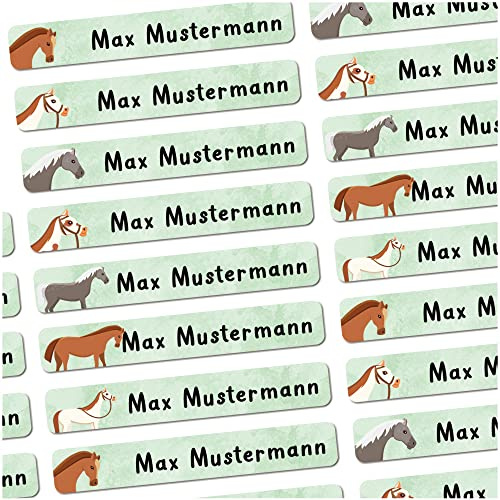 Stifteaufkleber Namensaufkleber Pferde personalisiert Schule Kita 72 Stück | Schmale Etiketten mit Wunschname für Buntstifte Federmappe Hefte Lineal Brotdose Trinkflasche Kindergarten spülmaschinenfest