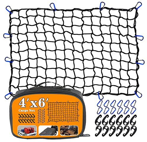 Cargo Net 4' x6' Stretches to 8' x 12' Truck Cargo Net for Pickup Truck Bed- Small 4x4 Mesh Grid Super Duty Bungee Heavy Duty Bed Netting with 12 Adjustable Metal Carabiners by Cenipar