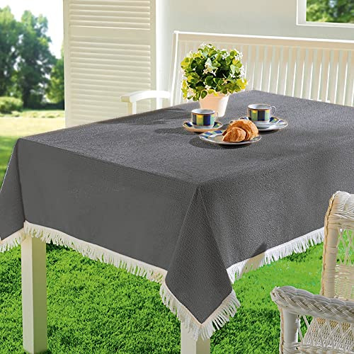 EMHELLE Gartentischdecke Garten Balkon Terrasse Tischdecke Camping Picknick Rund Oval Eckig Außen und Innenbereich Rutschhemmende Oberfläche mit weißen Fransen (130 x 180 cm, Dunkelgrau)