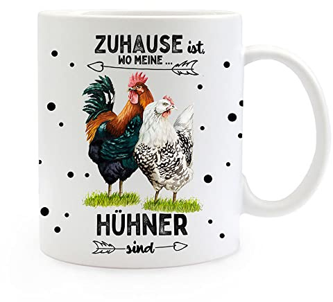 Tasse Becher mit Spruch Zuhause ist wo meine Hühner sind & Hahn Hühner Hühnchen Chicken Kaffeebecher Geschenk Spruchbecher ts2080 - ausgewählte Farbe: *weiß*