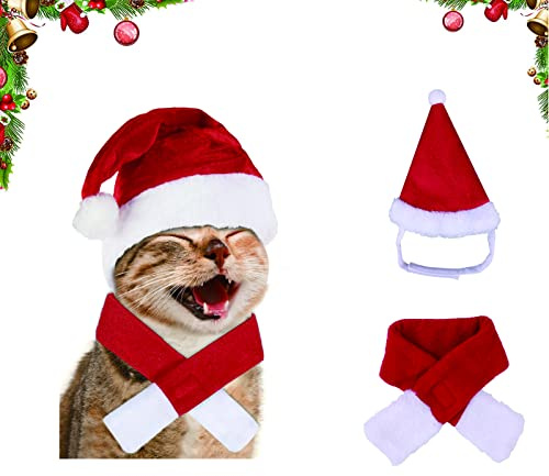 Haustier Justierbare Weihnachtssankt Hut,Schal, 2 Stück Haustier Weihnachtskleidung,Weihnachtskostüm für Katzen,Weihnachten Haustier Hut Schal,für Kleine Hunde Katzen Haustier