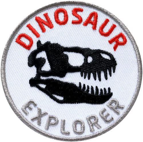 2 x Dino Dinosaurier Explorer gestickt 62 mm/Fossilien Knochen Schädel Tyrannosaurus Forscher/Patch Patches Aufbügler Aufnäher Applikation zum Aufbügeln Aufnähen auf Kleidung Rucksack