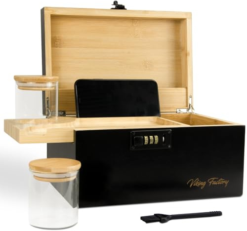 Viking Factory Bamboo Storage Box with Lock & Removable Desktop Tray - Large Decorative Wooden Keepsake Chest for Office & Home - Premium Stationery & Accessory Organizer - Black