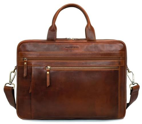 Marc Peter Laptoptasche Los Angeles I Leder Umhängetasche für 15.6 zoll Laptop I Aktentasche für Notebook I Tasche für Damen und Herren Bräune