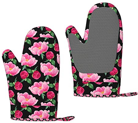 Pivoines sur Noir, Gants de Four, Gants de Cuisine antidérapants en Silicone, Gants de Cuisson résistants à la Chaleur Une Paire