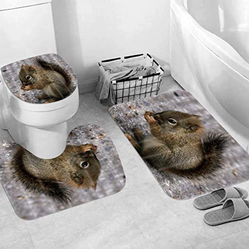 JIFOME Badteppich 3 Stück Weiche saugfähige Badematten,Tiere Schöne Eichhörnchen Essen Tannenzapfen,rutschfeste Badematte Teppiche & Toilettendeckelabdeckung Set Waschbar