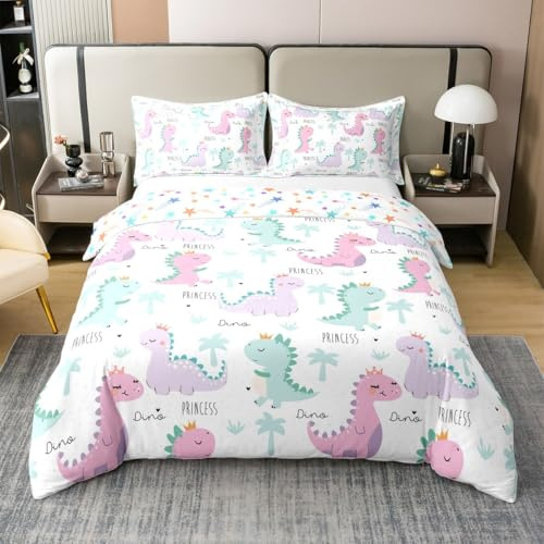 Erosebridal 100% Cotton Dinosaur Duvet Cover Pink Purple Dinos Bedding Sets for Kids Girls Lovely Cute Animals Comforter Cover Kawaii Cartoon Quilt Cover Child Room Decor 2 Pillowcases Full Size