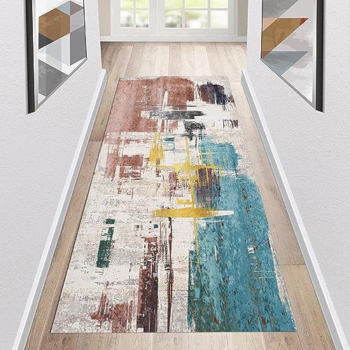 Siunwdiy Grau Läufer Flur Küche Waschbar rutschfest 80x160cm Abstrakte Bunt Blau und Braun Vintage Lang Küchenteppich Flurteppich Teppich Fur Korridor Wohnzimmer Schlafzimmer Meterware Anpassbar