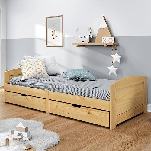 Festnight Bett 90x200 Mit Schubladen Tagesbett Mit 2 Stauraum Gästebett Betten Mit Schubladen Einzelbetten Mit Stauraum Funktionsbett Massivholz Kiefer Latten-Design Zusätzlicher Stauraum